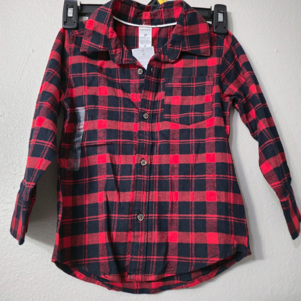 Carter's Toddler Boys Red Black Buffalo‎ Plaid Flannel Button Down Shirt 3T NEW